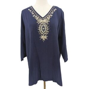 Belle Kim Gravel Navy Blue Tunic Top 2X – Embellished Beaded‎ Boho V-Neck